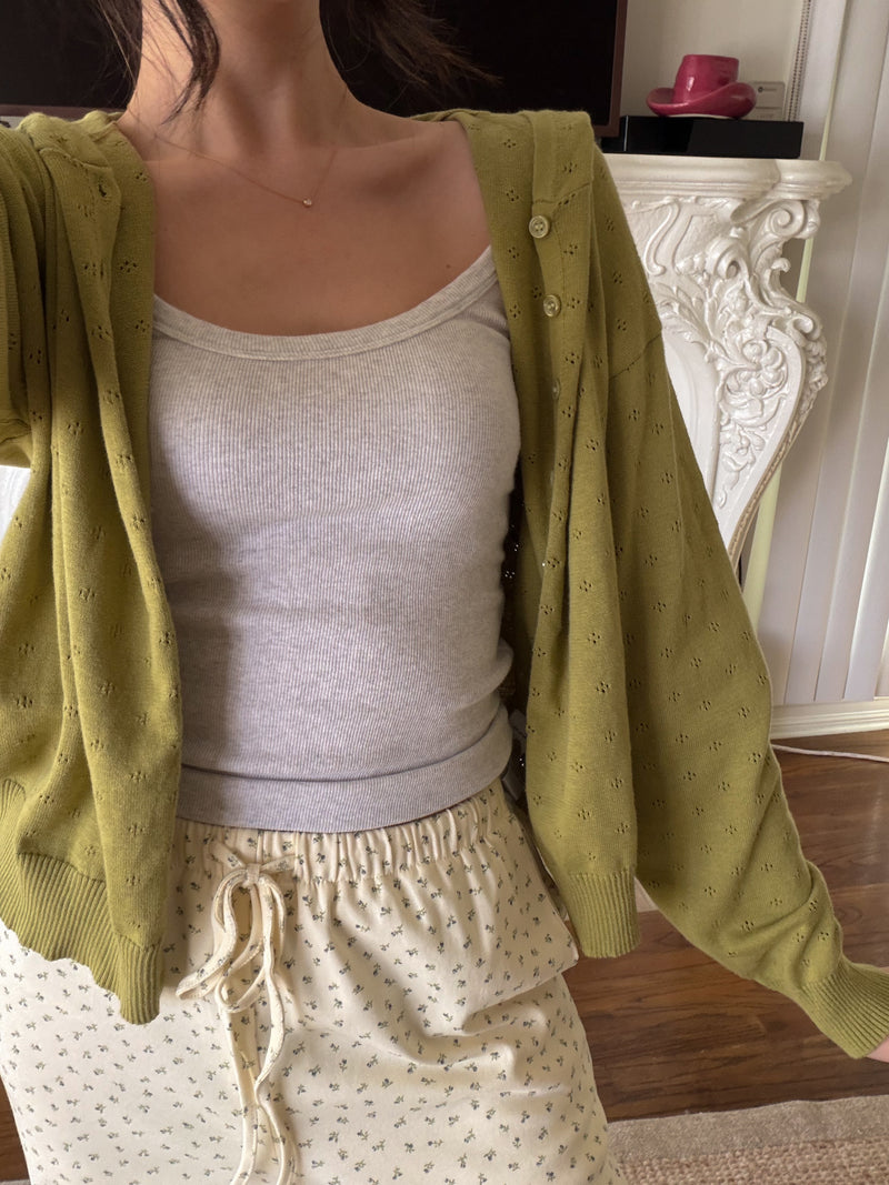 Hooded Pointelle Cardi || Matcha