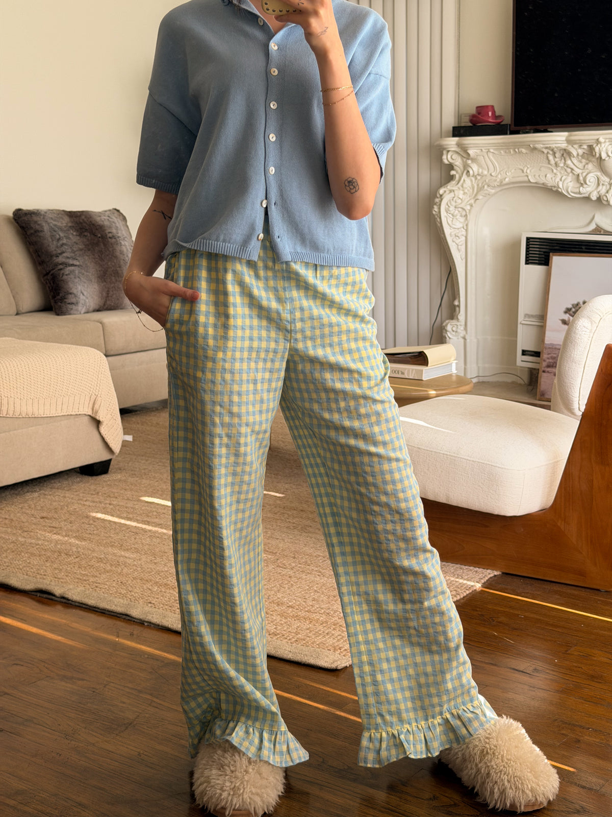 Blue Lemonade Gingham Ruffle Pants